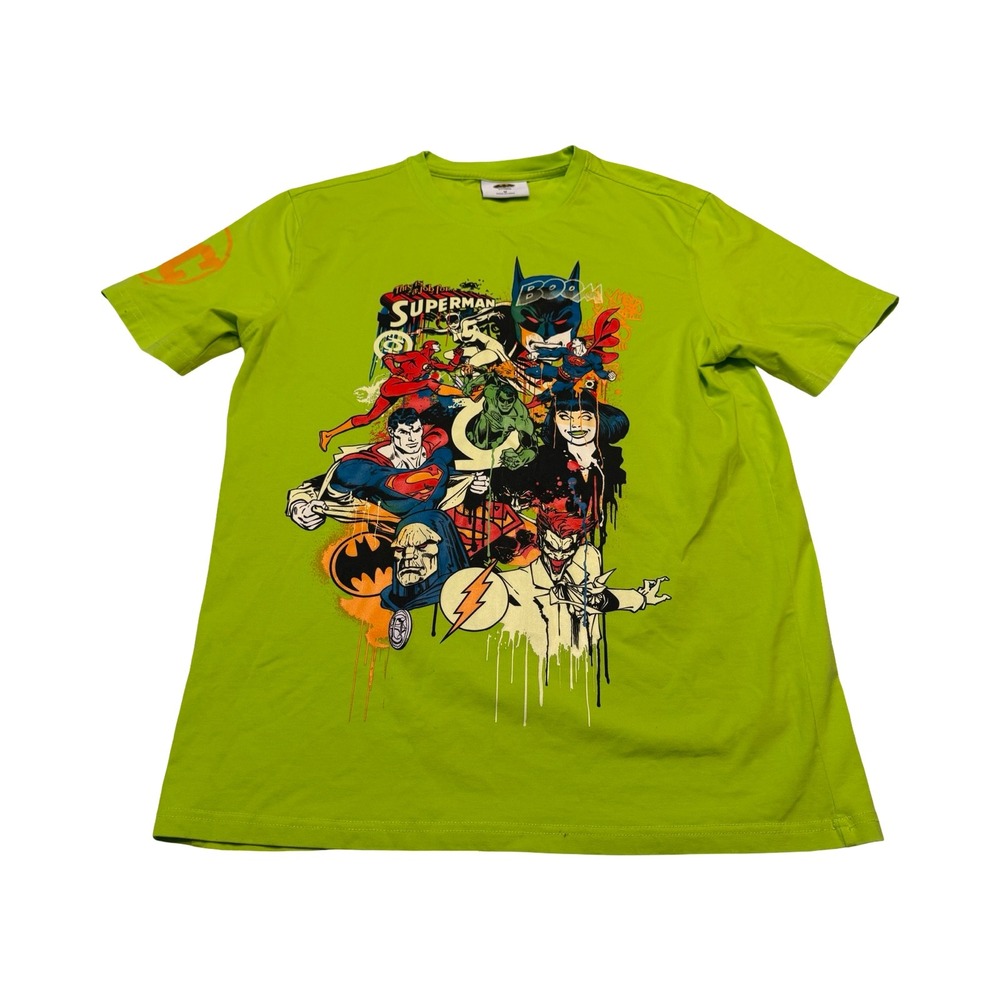 DC Comics Justice League Batman Superman Joker Graphic Tee Lime Green Mens M